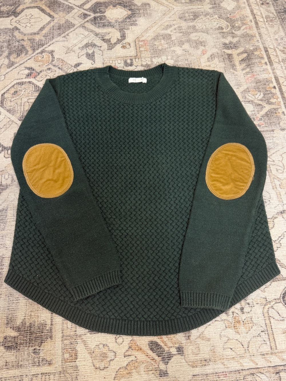 Women’s Green Knit Sweater with Tan Elbow Patches